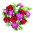 A striking bouquet of red roses and purple carnations is arranged with the confidence of an experienced florist, as though prepared for delivery to a doorstep near Tufnell Park station. The roses are a deep, velvety crimson, each bloom composed of tightly layered petals spiralling toward a shadowed centre, creating a feeling of depth and romance. Nestled among them, the purple carnations are exuberant and full, their edges finely frilled and slightly tousled, lending a sense of movement and playful charm to the overall design. Encircling these bold flowers is a halo of fresh greenery: glossy, mid- to dark-green leaves that catch the light, and slender eucalyptus stems whose dusky silver-green foliage softens and cools the composition. The eucalyptus adds a quiet, airy elegance, visually echoing the feeling of a crisp morning walk through nearby Tufnell Park Fields, and hinting at a clean, refreshing scent. Gentle lighting reveals every nuance of texture, from the satiny rose petals to the more papery carnation folds and the firmer snap of foliage stems. This bouquet feels like a deliberate celebration of colour and form, poised between classic romance and contemporary vibrancy. It would look perfectly at home on a windowsill overlooking Fortess Road, marking a birthday, an anniversary, or a simple thinking of you moment. The arrangement invites you to imagine the rustle of leaves as it's unwrapped, the soft brush of petals under fingertips, and the quiet happiness of receiving something so thoughtfully composed.