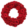A lush, circular wreath of deep crimson roses sits against a pristine white background, each bloom packed so tightly that the surface appears plush and velvety. The arrangement features large, fully opened heads with curling, satin-like petals, interspersed with smaller, partly opened blossoms to create depth and texture. Every petal's delicate fold and spiral center glints softly, giving the piece a sense of quiet, enduring elegance. This classic rose wreath carries powerful associations with remembrance, respect, and heartfelt tribute, while also feeling fitting for celebrations that honor love and memory alike. The stark white backdrop sharpens the ruby glow, ensuring the craft and intensity of the arrangement take center stage. In the heart of Tufnell Park, this piece speaks to local families and friends planning memorials, romantic gestures, or dignified decorations for ceremonies, with the option for same-day delivery by Flowers Tufnell Park to homes or community venues across N7 and neighbouring wards.