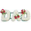 A deeply reverent tribute spells out the word 'DAD' in three large, three-dimensional capital letters, each letter lovingly covered in a dense carpet of pristine white chrysanthemum blooms. From a short distance the surface reads as a soft, cloud-like texture: tiny petals layered so closely they create a serene, matte white field that feels both pure and consoling. Each letter is crisply defined by a pleated emerald-green ribbon that traces the edges, the ribbed sheen of the ribbon providing a cool graphic line against the blooms and giving the forms a dignified, architectural presence. On the outer curve of the left 'D' a thoughtful cluster of deep red roses sits with small stems of white freesia and glossy green foliage, the roses' velvety petals and the freesia's honeyed scent forming a quiet focal point. The central 'A' carries a companion spray near the lower left diagonal, where a similar grouping of red roses and freesia creates balance and a gentle upward sweep of greenery; the final 'D' mirrors the first, its upper curve graced by another mirror cluster, completing the composition with a comforting symmetry. Subtle dark green or black metal supports are visible behind the letters, their slim lines anchoring the tribute so it can stand at a chapel, graveside or service without losing its sculptural calm. Photographed against a bright white backdrop under soft, diffuse light, the arrangement reads as solemn and tender. This piece, shaped for a father or paternal figure, carries the language of white chrysanthemums for devoted love and red roses for deep respect - a simple, heartfelt way to honour loss in Tufnell Park and the surrounding Islington neighbourhoods.