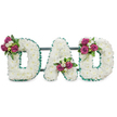 A tender, studio-lit funeral tribute spelling DAD in three large, capital letters, each letter formed from a dense, cushion-like carpet of pristine white chrysanthemums. The blooms sit so closely together they read as a single soft plane, their cloud-like texture catching a cool, diffused light that suggests early morning or a quiet chapel interior. Each letter is crisply outlined with a pleated, emerald-green ribbon that has a subtle satin sheen and a ruffled edge, giving clean definition to the shapes while adding a respectful, polished frame. Small, deliberate clusters of deep magenta roses punctuate the white expanse - on the upper left curve of the first D, nested in the lower V of the A, and resting on the upper right curve of the final D. These roses are intermingled with delicate white freesia or similar small white spray blooms and shaded with rich dark-green foliage, offering contrast in both colour and scent: the roses' warm sweetness against the freesia's fresh, citrus-floral lift. A slender dark-green support bar runs behind the letters, barely visible but suggesting the arrangement is ready to stand at a wake, graveside, or memorial tableau. The overall mood is one of reverent affection: the crisp white communicates purity and peace while the pops of magenta convey personal love and remembrance. As a local florist working in Tufnell Park, I picture this piece placed near a service at a family home off Tufnell Park Road or at a small local chapel, offering a quiet, visible goodbye for a cherished father figure. The composition balances traditional dignity with intimate warmth, crafted to read clearly from a distance yet hold careful detail on close inspection.