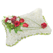 A reverent rectangular floral pillow rests on a soft, neutral surface, its whole form built from hundreds of tiny, snow-white chrysanthemum heads packed so closely they read as a single, cloud-like field. Around the slightly raised edge a slim border of light green satin ribbon peeks out between the blooms, giving the cushion a finished, gentle frame. On the upper left corner a composed spray of deep red flowers gathers the eye: velvety red roses in mixed stages from tight buds to open cups, and ruffled, burgundy-tinged carnations that add a dense, tactile richness. Scattered among them are small white accent blooms - delicate freesias or spray chrysanthemums - which catch light and lift the weight of the red with tiny, luminous points. Lush greenery, including feathery fern fronds and broader glossy leaves, sits behind the cluster, providing a cool, verdant backdrop and quiet depth.

From that top cluster a trio of bright green bear-grass or long, slender foliage arcs gracefully across the white surface, drawing a soft diagonal toward the lower right. At the terminus of those sweeping lines a single, perfectly formed red rose rests slightly apart, as if cradled by the green strands - a small, solemn focal point that speaks of remembrance and enduring love. The arrangement carries a faint, clean fragrance of chrysanthemum and rose, and the overall mood is composed, respectful and calm. This traditional sympathy cushion, with its contrast of pure white serenity and heartfelt red, reads as a dignified expression of comfort often chosen for funerals or memorials around Tufnell Park and neighbouring Camden, meant to soothe and honour those who mourn.