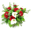 This image shows a sophisticated, romance-filled bouquet composed of deep red roses and snowy white calla lilies, presented against a crisp white background that makes every petal and leaf appear vivid and true to life. The arrangement is densely packed, forming a gently rounded dome of blooms, anchored at its centre by full, velvety red roses whose tightly layered petals swirl inwards, evoking warmth, devotion, and classic love stories set in North London townhouses. Rising through and around them, several white calla lilies introduce a sense of calm, their elongated, trumpet-like forms curving elegantly upwards. Each lily's creamy white spathe wraps protectively around a slender, pale yellow spadix, giving the bouquet a refined, almost architectural quality. Between the roses and lilies, lush foliage fills every gap: fine-stemmed eucalyptus with small, silvery-green discs of leaves creates softness and a suggestion of cool, fragrant air after rain in nearby Tufnell Park, while broader emerald leaves offer a rich, grounding base. The stems converge into a simple, clear glass vase whose subtly ribbed base is the only visible part, peeking out at the very bottom of the image and lending a discreet touch of texture without drawing attention away from the flowers. Even, diffused lighting accentuates the interplay of red, white, and green, giving the bouquet a fresh-from-the-florist feel, as though it has just been arranged for delivery to a celebration near Tufnell Park Gardens or a romantic dinner at home. Overall, the composition radiates elegance, affection, and timeless style, perfectly suited to anniversaries, proposals, or meaningful thank-you gestures.
