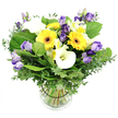 In the heart of Tufnell Park, this lush and vibrant bouquet is elegantly arranged in a clear glass vase, set against a pristine white backdrop that makes its cheerful colors pop with clarity. The dynamic arrangement showcases a harmonious blend of bright yellow, soft lavender-purple, and pristine white blooms, creating a striking visual appeal. At the heart are several sunny yellow Gerbera daisies, each with a distinct dark brown or black center acting as bold focal points. They are beautifully intertwined with clusters of ruffled Lisianthus in lavender to deeper purple tones, some fully open and others as elegant buds, adding depth and volume. Lending a touch of modern grace are two or three pristine white Calla lilies, their smooth, trumpet-shaped spathes a study in clean lines. Interspersed throughout are delicate white Alstroemeria, or Peruvian lilies, often with subtle yellow or green streaks that contribute fine texture. The rich foundation is formed by an abundance of fresh greenery, including slender, silvery eucalyptus branches that impart a soft, aromatic note, and broad leaves that heighten fullness and contrast with the blooms. A transparent glass vase displays neatly arranged green stems submerged in clear water, with a subtle black band or tie around the stems inside the vase to maintain structure. This exquisite arrangement embodies freshness, elegance, and heartfelt sentiment, perfectly suited for celebrations, warm wishes, or brightening a home or office in Tufnell Park and beyond, with reliable same-day delivery across the area. In the hush of a late afternoon, the bouquet seems to glow with quiet happiness, a little sun captured in a vase.