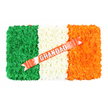 In this image, a lovingly made funeral tribute is arranged to mirror the Irish national flag, offering a personal farewell for a much-loved grandad with Irish connections in the Tufnell Park area. The piece is rectangular and photographed from overhead, with three equal vertical bands of colour built from tightly massed blossoms. On the left, a deep green strip of small, rounded flowers, likely chrysanthemums or similar hardy blooms, forms a rich, textured layer that suggests vitality and earthiness. The middle band is a soft, radiant white, composed of closely packed petals that look almost like a snowy cushion, symbolising peace and rest. The right-hand band features intense orange flowers, their lively tone adding warmth and a sense of enduring spirit. Gently laid across the white and orange sections is a smooth coral-red ribbon, positioned diagonally so it runs from the lower left corner towards the upper right. Across this ribbon, the word GRANDAD appears in bold silver lettering, each capital letter clear and dignified, ensuring the dedication is immediately visible. The ribbon is held firmly in place with neat, white pins that disappear into the blossoms, evidence of the careful handwork a seasoned florist might carry out in a quiet Tufnell Park studio before delivering to a local chapel or cemetery. The tribute rests on a plain white background, which enhances the clarity of the tricolour and the message. Overall, the arrangement conveys respect, affection, and a strong sense of Irish pride, offering families a gentle way to say a final, loving goodbye.