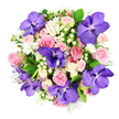 Viewed from above on a crisp white backdrop, this hand-tied bouquet appears as a lush, rounded cloud of colour, expertly composed so every bloom supports the next. Deep purple Vanda orchids are scattered through the arrangement, their generous petals patterned with darker violet veining that creates a rich, mottled texture, like pieces of fine fabric draped among the flowers. These orchids serve as dramatic focal points, their exotic presence giving the bouquet a modern, luxurious edge. Surrounding them is a generous collection of roses in soft blush and pastel pink, some with tightly furled centres, others more open and ruffled, suggesting movement and fullness. Cream-coloured roses are tucked between the pinks, adding lightness and a creamy warmth that softens the deeper tones. Small white cluster flowers, reminiscent of tiny asters or button chrysanthemums, are threaded through the design to create a delicate, airy feel. Creamy Hypericum berries, round and smooth like little pearls, pop up between petals to add playful texture. A base of glossy, deep green leaves and feathery, silvery-green foliage holds it all together, giving structure and a layered, garden-fresh look that would feel right at home in a Tufnell Park living room or a café on Fortess Road. The overall impression is of a sophisticated yet romantic arrangement, ideal for marking meaningful occasions - from anniversaries to intimate birthday dinners - and evoking the comforting sense of a carefully crafted gift arriving freshly delivered from a trusted local florist.