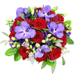 Captured from directly above against a bright white background, this opulent bouquet appears like a rich pool of colour, reminiscent of a special-occasion arrangement heading to a dinner party in one of Tufnell Park's leafy streets near Tufnell Park Gardens. At its core, a lush gathering of deep red roses forms an intense centrepiece, their tightly furled, spiral petals conjuring the texture of velvet and evoking deep romance and commitment. Nestled between the roses, you can see generous Vanda orchids, their broad petals washed in lavender-purple and dusted with deeper violet speckles, bringing a refined, exotic note that contrasts beautifully with the classic roses. Encircling these main blooms, ruffled lisianthus in shades of rich violet-purple add layers of softness; some flowers are open and full, while others are still in bud, creating a dynamic interplay of shapes and stages of bloom. Smaller, delicate light-purple florets and budding roses peek through the arrangement, adding gentle flashes of pastel that break up the darker tones. The flowers are cradled by a frame of lush foliage: deep green, glossy rose leaves, airy filler greenery, and long, elegant sprigs of silvery-green eucalyptus that fan outward, suggesting both freshness and movement. A trace of silvery-grey mesh or netting is visible near the bottom, hinting at an artful wrap that feels ready for gifting, whether for an anniversary, proposal, or heartfelt thank-you delivered around Fortess Road. Bathed in soft, consistent light, the bouquet's reds, purples, and greens appear vivid and luxurious, showcasing the careful craftsmanship of an experienced local florist.