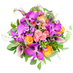 A sumptuous, dome-shaped bouquet fills the frame from a bird's-eye view, every bloom gathered tightly together to create a tapestry of jewel tones and soft pastels, set crisply against a pure white background. At the centre, and scattered artfully throughout, sit large Vanda orchids in vivid fuchsia and deep magenta purple, their petals thick, almost waxy, and decorated with finely netted, tessellated markings that resemble an intricate mosaic-each flower a miniature work of art. Around them, roses in blush pink exude romance and gentleness, while brighter orange and golden-yellow roses bring a sunlit vibrancy, their layered petals curling inward in perfect spirals. Rich plum and aubergine calla lilies curve through the bouquet like elegant signatures, their trumpet-shaped forms adding sculptural lines and a sense of refined drama. Between these hero blooms, clusters of small lavender and light purple flowers, reminiscent of phlox, provide a misty, delicate backdrop, giving the eye places to rest amid the bold colours. A lush foundation of green foliage supports the display: broad, glossy emerald leaves blend with rounded, silvery eucalyptus discs that catch the light in cooler tones, echoing the fresh, leafy feel of Tufnell Park's residential streets and nearby green corners. The composition is dense yet thoughtfully balanced, with every stem contributing to a feeling of joyful opulence and modern elegance. Created in the spirit of a skilled local florist, this bouquet would look at home as a centerpiece at a celebration near Tufnell Park station or arriving by same-day delivery as a lavish surprise for someone special in NW5.