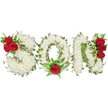 A tender, handcrafted funeral tribute spells the letters S-O-N in bold capitals, each letter formed from a dense, pillow-like carpet of small, pristine white spray chrysanthemums that read as softness and reverence. The white blooms create a matte, cloud-like texture under soft natural light, their tiny petals suggesting the quiet scent of early morning - cool, green, and faintly floral - that comforts more than it perfumes. Rich, velvety deep-red roses provide dramatic focal points: a cluster of three sits on the upper left curve of the S, a single, striking rose is nestled at the lower centre of the O surrounded by feathery fern fronds, and another vertical trio of red roses decorates the right-hand side of the N. Dark glossy ivy and other leafy greens are carefully woven through and around the letters, trailing and looping to give depth, movement and an evergreen symbolism of remembrance and continuity. The arrangement sits against a bright white background that accentuates the pure contrast of white, red and green, and the photographer's gentle, diffuse light softens shadows to preserve the piece's dignified, peaceful mood. As a local florist familiar with Tufnell Park and nearby Dartmouth Park, I imagine this tribute standing quietly at a funeral or graveside, offering a personalised expression of love for a son: classic in its palette, meticulous in its craftsmanship, and designed to convey both deep sorrow and abiding affection. The composition balances tradition and tenderness, inviting touch and memory while remaining composed and respectful for the service.