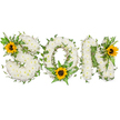 A tender, horizontal memorial composition spells the word SON in bold capital letters, each letter lovingly shaped from a dense carpet of small, pristine white chrysanthemums that give the display a soft, cloud-like texture. Winding through and around the white blooms are rich, dark-green ivy tendrils whose glossy five-lobed leaves create gentle highlights and a sense of continuity between the letters; lighter, feathery fern fronds and pointed leafy sprigs add contrast and depth, lifting the composition away from the flat plane. Three bright sunflowers punctuate the piece with warm, golden radiance: a prominent sunflower nestles in the upper left curve of the S, a second blooms at the lower centre of the O amid the ferns, and a third crowns the upper right shoulder of the N, each showing broad yellow petals around a deep brown, textured disc. The scent is implied in the image by the fresh, green notes of foliage and the subtle sweetness of chrysanthemums; soft studio lighting against a clean white background highlights the tactile surfaces and crisp silhouettes. As a local florist familiar with families in Tufnell Park and neighbouring Archway, I imagine this tribute laid at a chapel or placed beside a coffin - it reads as both a formal funeral tribute and a personal keepsake, balancing solemn purity with a hopeful warmth. The careful layering of whites, greens and sunlit yellow conveys respect, enduring love and a quiet optimism, making this arrangement especially appropriate for commemorating a beloved son while keeping the visual language clear for reproduction on memorial pages and funeral listings.