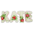 A tender, personalised memorial spells the name KATE in four upright, three-dimensional letters crafted from a dense carpet of small white spray chrysanthemums. Each letter reads soft and cushiony, like a quiet blanket of petals, the chrysanthemums' tiny heads packed closely together to form smooth, luminous surfaces that suggest purity and calm. Nestled into that white base are rich, glossy red roses-each bloom placed with intention so that on the 'K' a single red rose blooms at the upper left curve, the 'A' holds one or two at the inner junction of its diagonals, the 'T' bears a striking cluster near the right side of its crossbar, and the 'E' carries a similar accent slightly below center on its left arm. Deep green foliage-broad, waxy leaves and feathery fern fronds-threads through the letters, giving depth, contrast and a sense of living texture, while fine sprigs of ruscus and slender vine tendrils curl softly between the characters to link them as a single, flowing tribute. A pale, frilled pink ribbon trims the outer edges of each letter, its pleated fabric catching soft light and adding a gentle, human touch. The composition sits against a bright white background with a subtle drop shadow beneath each letter, creating a quiet three-dimensional presence as if the name were set on a chapel table or easel. I imagine a faint, clean scent of chrysanthemums warmed by the subtle earthiness of foliage and a whisper of rose perfume-an arrangement suited to a funeral or celebration of life in Tufnell Park and the nearby family chapels, offered as an intimate expression of remembrance and respect.