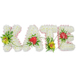 A personalised floral name tribute for a funeral or memorial spells out KATE in bold, upright block letters, arranged neatly against a bright white background that enhances the clarity of every flower and leaf. Each of the four letters is entirely covered with dense white chrysanthemums, their small, rounded heads pressed closely together so the surface appears soft, full, and almost cushion-like, evoking a sense of calm and purity. Around the edge of every letter runs a trim of pale pink satin ribbon, gently ruffled to form a delicate border that lends the piece a tender, feminine character, similar to the soft colours often chosen for services in Tufnell Park and surrounding areas like Camden and Holloway. Within this white and pink framework, deeper colours draw the eye: on the K and T, clusters of yellow-green cymbidium orchids emerge from pockets of glossy dark foliage, their distinctive reddish-brown centres and smooth petals giving a refined, exotic touch. On the A and E, heart-shaped red anthurium blooms with a polished, waxy surface sit among lush green leaves, clearly symbolising enduring love and cherished memories. Fine green tendrils, like slender ivy, weave thoughtfully from one letter to the next, visually linking KATE into one flowing composition rather than four separate elements. The overall effect is of a carefully considered, bespoke sympathy tribute that a family in Tufnell Park might place by the coffin or at the graveside, using flowers, texture, and colour to express affection, respect, and a final, graceful goodbye.