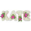 A three-dimensional floral tribute spells the name KATE in bold capital letters, each letter lovingly formed from hundreds of small, pristine white chrysanthemums that read as a soft, cloud-like surface. Pale pink satin ribbon traces the inner edges of every letter, its faint sheen catching soft studio light and lending a gentle, feminine contour to the sculpted blooms. Hot pink roses - vivid, silken and fully opened - are placed as thoughtful focal points across the name: a pair of roses nestle into the left arm of the K, a single prominent rose settles into the lower curve of the A, another blooms at the base of the T, and a clustered pair brightens the right side of the E. Around those fuchsia focal flowers, sprigs of fern-like fronds, ruscus and variegated green leaves peek through, together with tiny pale-pink buds that give a subtle garden-like texture and depth. The chrysanthemums are densely packed to create a smooth, tactile face; shadows beneath each letter suggest a freestanding form meant to rest on a chapel stand or memorial table. The scent is quietly floral - the soft perfume of roses over clean white chrysanthemum - and the overall tone is one of delicate dignity. This bespoke name tribute reads as an intimate message of remembrance: a dignified sympathy arrangement or funeral display offering comfort and respect. As a local piece that would be familiar at services near Tufnell Park tube or Dartmouth Park, it feels grounded in neighbourhood care and quiet, personal attention from an experienced florist.