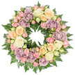 A full, circular memorial wreath is centred against a crisp white background, its gentle colours drawing the eye into a calm, unbroken ring. The design is tightly arranged with a generous mix of pastel roses and fresh greenery, creating a soft, cloud-like effect that feels deeply soothing. Dominating the wreath are large roses in creamy white and ivory, many in full bloom so their petals open wide and layered, forming rosettes that seem to cradle the light. Between them, smaller blush pink spray roses are tucked in clusters, some closed and some just beginning to open, adding fine detail and a sense of tender newness among the more mature blossoms. Delicate shades of peach and pale yellow weave warmth through the design, while scattered dusty lavender and muted mauve roses provide a more unusual, slightly antique accent that suggests long-held memories and personal stories. The flowers are supported by a foundation of rich, dark green foliage, likely fern fronds, whose airy, feather-like tips slip out from behind the blooms, giving structure and framing the ring with a deep green edge. Every space is thoughtfully filled so the wreath appears evenly lush from all angles, the craftsmanship clear in the balanced placement of colours and sizes. The lighting is soft and even, with no harsh contrasts, allowing the natural texture of the petals and foliage to stand out with quiet clarity. This is the kind of elegant tribute a Tufnell Park family might choose for a funeral or crematorium service nearby, conveying sympathy, respect, and enduring love through a circle of flowers that symbolises continuity and remembrance.