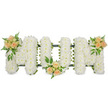 This image features a lovingly made coffin-top tribute spelling out MUM in clear, bold capital letters, set against a bright white background that highlights the form of each bloom. The letters are entirely filled with dense clusters of white spray chrysanthemums, their countless tiny petals overlapping to form a plush, almost pillow-like texture that feels both soft and serene. Tucked just along the outer edges, a narrow line of dark green ribbon and foliage subtly frames the letters, giving them definition and a hint of natural contrast without distracting from the purity of the white flowers. Three coordinated rose accents bring a gentle warmth and personality to the design. On the top left of the first M, a group of soft peach and blush pink roses, in varying stages from bud to open bloom, rests among fresh green leaves. A second cluster, echoing the first, nestles at the lower centre of the U, while the final cluster is placed at the top right of the second M, balancing the tribute and guiding the eye along the word. Wispy ferns and darker, glossy foliage weave through these rose groupings, adding texture reminiscent of the greenery lining the streets and small gardens around Tufnell Park. The overall mood is one of quiet love, dignity, and gentle remembrance. Created as a funeral flower arrangement, this MUM display would sit beautifully at a service or cremation in the Tufnell Park area, offering a simple yet deeply heartfelt message of gratitude and devotion to a much-loved mother.