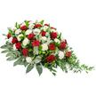 A refined and expressive funeral arrangement is presented here against a bright white background, allowing its colours and contours to speak clearly. This is an elongated sympathy spray, designed with a distinct left-to-right flow, starting with a fuller, rounded cluster of blooms on the left that gradually slopes into a slender, tapering tip on the right. Deep red roses, with velvety, tightly layered petals, appear throughout the design, emerging from the greenery like quiet declarations of love and honour. Interspersed among them are many white carnations, their frilled, multi-layered petals providing a pillowy texture that contrasts beautifully with the smooth roses. The red and white together create a timeless palette that many families in Tufnell Park and nearby Gospel Oak might choose when they want something both traditional and deeply heartfelt for a funeral or memorial. The flowers rest on a base of lush foliage. Larger, darker green leaves form a supportive cradle, spreading outward to give the spray its structure and presence. Weaving between them, slender stems of eucalyptus bring cooler, silvery-green tones, softening the overall look while adding a suggestion of clean, gentle fragrance. On the right side, finer, trailing sprigs of light green leaves extend beyond the main body, lending the piece a soft, cascading motion, as though the flowers themselves were guiding a final, respectful procession. The clean background keeps all attention on the arrangement's textures and shapes, making this a poignant image of a casket spray or grave tribute that could easily be imagined resting in a quiet Tufnell Park chapel or laid carefully at a graveside in a local cemetery.