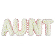 In this image, the word AUNT is beautifully rendered in large, freestanding floral letters, each one carefully built and then completely covered with white chrysanthemums. The flowers are packed so tightly that they form a thick, cushion-like surface, the small, daisy-style blooms overlapping in dense layers that give the letters a luxurious depth and velvety appearance. Here and there, the soft yellow centres of the chrysanthemums gently break through the white, adding a hint of natural warmth. Around the edge of every letter runs a pale pink satin ribbon, gently ruffled and pleated so it hugs each curve and corner. This pastel border outlines the shapes with a soft blush tone, providing delicate contrast and suggesting tenderness, affection, and loving memories. The letters are aligned neatly in a row and photographed against a bright white background, the studio lighting clear and even so that every detail of the floral work and ribbon edging can be appreciated. Nothing distracts from the tribute itself, which stands as a focal point, much like it would at a funeral service or memorial gathering for an aunt deeply loved by her family. This is the type of custom funeral tribute often chosen by families in Tufnell Park and the surrounding streets off Lady Margaret Road, reflecting both personal connection and local craftsmanship. The arrangement feels peaceful and dignified, combining the purity of white flowers with the gentle charm of pink ribbon to create a heartfelt expression of remembrance and respect.