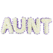 A bespoke memorial tribute spells out the name AUNT in four large, upright letters formed from a dense carpet of pristine white spray chrysanthemums. Up close you can see the chrysanthemums' multitude of small, soft petals creating a cloudlike surface, each bloom punctuated by a pale yellow heart that lends a subtle, warm glow to the overall white composition. The letters sit against a crisp white backdrop, their three-dimensional form emphasised by faint grey shadows beneath each character that hint at the sturdy frame and the careful wiring which supports the blooms. A deep purple satin ribbon traces the perimeter of every letter, ruffled with gentle pleats that catch the light and introduce a refined textural contrast to the soft chrysanthemums. The ribbon's satin sheen drinks in the ambient light-suggesting early morning or chapel lighting-and the whole piece reads as dignified yet tender, a visual embrace for mourners. There is a faint, clean green scent of fresh chrysanthemums, cool and dewy rather than heavy, which suggests recent preparation and thoughtful handling. The arrangement communicates respect and personal remembrance rather than grand ceremony, suitable for a family funeral, memorial service, or a quiet committal where an aunt's warmth is being honoured. As a local florist accustomed to Tufnell Park and neighbouring Dartmouth Park gatherings, I imagine this tribute resting near a simple easel by soft fabrics or placed beside a favourite photograph-its quiet white blooms and the purple ribbon offering a note of solace and cherished memory to those who come to say goodbye.