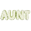 A carefully crafted funeral tribute spells out AUNT in a row of bold, capital letters, each one lovingly formed from a mass of small white chrysanthemums that appear soft and velvety under gentle, even light. The flowers are arranged so closely together that they create a plush, rounded surface, giving each letter a sense of depth and presence, as though the petals themselves are holding the family's unspoken memories. Along the outer edge of every letter runs a neat trim of fresh green foliage or ribbon, a vivid line that crisply outlines the shapes and sets the flowers apart from the clean white background. This green edging introduces a subtle note of hope and renewal, echoing the quiet greenery found in Tufnell Park's residential streets and nearby open spaces. The overall design is simple yet striking, with no extra colours or accessories, so the eye is naturally drawn to the word and the emotions it carries. The balance between the cool white chrysanthemums and the bright green border creates an atmosphere of calm, reflective dignity, suitable for a funeral, cremation, or memorial service. It is easy to imagine this arrangement resting at the front of a chapel in North London, perhaps after being delivered from a trusted Tufnell Park florist, where local knowledge and floral experience come together to create something deeply personal. The tribute feels both traditional and intimate, a quiet, floral way of saying farewell to a cherished aunt while surrounding her memory with softness, respect, and enduring love.