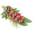 An elegant sheaf-style funeral spray of red roses and berries lies diagonally across a pristine white background, the colours rich and saturated as though newly arranged for a service near Tufnell Park. At the top left, the stems are drawn together into a compact bouquet handle, smoothly wrapped in broad green leaf that creates a tailored, contemporary finish. From that gathered point, velvety red roses cascade down the length of the design, arranged closely together in a continuous flow. Some roses are still tight, with pointed buds, while others are just beginning to open, showing spirals of deep crimson petals that convey both passion and farewell. Between the roses, small clusters of pinkish-red Hypericum berries provide a lighter accent, their softly rounded shapes and subtle sheen adding detail without overwhelming the flowers. The spray rests on a robust foundation of lush, glossy dark green leaves, forming a structured, shield-like base that holds the design firmly in place. At the lower right, slender palm fronds and lighter, airy greenery stretch outward, softening the edges and drawing the eye gently to the tapered end. The crisp white background acts like a calm pause, allowing the intensity of red and green to speak clearly of remembrance and sympathy. Crafted in a style suited to local funerals and memorials, this arrangement offers a restrained yet heartfelt final gesture, appropriate for resting alongside a coffin, marking a graveside in the Tufnell Park area, or accompanying family condolences at a quiet farewell gathering.