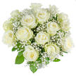 The bouquet before you reads as a study in serene restraint, each element chosen to whisper rather than shout. At its heart sit roughly two dozen freshly opened white roses, their petals a soft gradient from a creamy ivory towards the tightly furled centers to a crisp, luminous white at the outer edges. The roses are arranged in a dense, rounded dome so that their spiral centers present a rhythmic pattern across the top, while tiny clouds of baby's breath (Gypsophila) float through the spaces between blooms like early morning mist. The gypsophila's minute, star-like flowers create a frothy lace against the substantial, velvety rose petals, and the contrast between the roses' smooth surfaces and the tiny, papery texture of the sprays lends a gentle tactile complexity. Deep green foliage peeks out sparingly beneath the mass of white, glossy leaves that frame each blossom and add subtle depth without detracting from the monochrome palette. The scene is captured against a brilliant white background, which sharpens the purity of the whites and suggests cool, diffused daylight as if the bouquet were set by a north-facing window on a calm morning. There is a faint, clean sweetness in the imagined scent-soft and unobtrusive-evoking a sense of quiet ceremony or fresh beginnings. This composition carries a respectful, timeless air and would grace a wedding, christening, or a moment of remembrance with equal dignity. An experienced local florist's hand is evident in the compact shape and balanced textures, offering a floral expression of calm, hope, and understated elegance that suits life's most meaningful occasions in Tufnell Park and beyond.