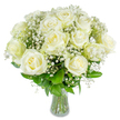 A serene cluster of flawless white roses arranged as a hand-tied bouquet, each bloom opening in layered spirals of creamy petals that catch the light with a soft, luminous sheen. The roses sit like small, alabaster moons above a cloud of gypsophila - the baby's breath we use to introduce a feather-light texture and a twinkling contrast across the surface of the arrangement. Deep forest-green foliage peeks through and around the heads of the roses, its glossy leaves offering a living frame that grounds the airy whites; beneath, the clear glass vase keeps the composition visually light, allowing the straight green stems to form a quiet vertical rhythm. In softer hours of the day the scent is delicate, a classic rose perfume with a cool, clean undertone that suggests early spring sheets and calm bedrooms rather than heady sweetness. I often imagine this bouquet arriving in a Tufnell Park flat after a small wedding at a nearby venue or being carried as a simple, dignified gesture of sympathy along Fortess Road to a quiet gathering; it is equally at home on a dining table in Dartmouth Park or as a bedside reassurance for someone starting again. The texture of the petals, the tiny star-like clusters of gypsophila, and the steady strength of the stems together make the design both elegant and understated. This composition reads as comfort and clarity-timeless, composed, and quietly hopeful-an arrangement meant to be touched by hand and contemplated in silence.