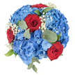 Seen from a direct top-down viewpoint against a crisp white background, this circular bouquet reads like a composed celebration of colour and texture. At its heart, densely packed blue hydrangea heads create a plush, domed cushion whose tiny florets shift from a soft sky blue at the edges into deeper, almost sapphire tones toward the centre, catching light like silk turned by a breeze. Nestled into that sea of blue are three to five fully opened red roses - their velvety crimson petals wound into precise spirals - that punctuate the composition as dramatic, intimate focal points. Fine sprays of white baby's breath (Gypsophila) arc lightly through the arrangement, each tiny star-shaped bloom adding a touch of breathy white contrast that lifts the heavier shapes and brightens the overall palette. Muted, rounded eucalyptus leaves and a few longer, sharper green leaves sit between the flowers, their cool, silvery-green tones providing natural structure and a gentle herbal scent that balances the roses' warm fragrance. The lighting is soft and even, emphasising the lush volume and the bouquet's compact, domed form while the plain white backdrop keeps attention on the floral harmonies. This piece evokes both quiet romance and respectful celebration - suitable as a patriotic tribute, a small-scale centrepiece for a summer gathering, or an earnest gift to say ''you are remembered'' or ''you are cherished.'' A florist in Tufnell Park would describe it as clean, confident and thoughtfully balanced for local delivery around Dartmouth Park Road, Fortess Road and nearby streets.
