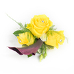 A joyful hand-held corsage photographed on a crisp white background, where three sunlit yellow roses take centre stage and seem to glow with a buttery, velvety warmth. The largest rose blooms fully in the middle, its spiralled petals unfolding around a tiny clear crystal jewel that catches light like a small sun; two slightly smaller, partially open yellow roses flank it, each similarly set with a faceted rhinestone that adds a playful, elegant sparkle. Beneath this cluster a single deep-plum calla lily curves downward and to the left, its satiny throat and sculptural silhouette providing a dramatic, grounding contrast to the cheerful yellow. Airy asparagus fern fronds thread through the composition, lending feathered texture, while broader dark green leaves form a steady, glossy backdrop that gives the piece structure and balance.
Small creamy-white button chrysanthemums nestle between the roses, their compact shapes brightening the arrangement and enhancing the yellow's luminosity, while a couple of closed green buds peek from the lower right as a gentle reminder of natural life and progression. A whisper of sheer, lacy white material sits behind the left-most rose, softening edges and catching a hint of movement. There is a faint, inviting scent of fresh roses and green foliage suggested by the design, an accessory meant to be worn for a wedding, prom or celebratory evening in and around Tufnell Park - perhaps spotted on a pavement outside the station or at a nearby Dartmouth Park reception. The overall effect is polished yet exuberant, a confident flourish that balances glamour, texture and floral craftsmanship with local character.