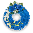 A carefully crafted circular memorial wreath sits against a clean white backdrop, its surface a lush carpet of intensely vivid royal-blue blooms-likely tightly packed chrysanthemums-forming a continuous, velvety ring. Along the inner and outer edges a soft fringe of tiny white florets, like baby's breath, lightens the silhouette and gives the wreath a delicate halo. At the crown, three majestic deep blue roses unfurl in full bloom, their velveteen petals catching a cool, soft light and anchored by small clusters of pure white gypsophila and a few dark green leaves, creating a quietly sculpted focal point. From the left side a slender spray of pristine white orchids-Phalaenopsis or Dendrobium-cascades with gentle, arching stems; their broad, open petals and pale yellow-green buds threaded through the orchids suggest fragile renewal amid the composed formality. The inner circle is neatly edged with a ruffled white satin ribbon, its crisp texture framing the central void and lending the composition a formal, reverent finish. The overall palette-electric blues tempered by clean whites and deep foliage-reads as both vivid and consoling; the arrangement conveys peace, dignity, and remembrance without excess. A faint, clean floral scent seems implied, as if the wreath had been arranged in cool morning light on a quiet Tufnell Park side street near Tufnell Park Road, where local families might pause to remember. This piece is presented with the attentive touch of an experienced florist, suitable for funeral services or a thoughtful memorial tribute for someone dearly missed.