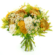 Set against a clean white background, this hand-tied bouquet appears like a snapshot of autumn captured in flowers, the sort of arrangement a Tufnell Park local might place on a windowsill overlooking the railway arches. The rounded design is densely filled, with prominent chrysanthemums in tones of vivid gold, bright pumpkin orange, and deep amber lending volume and a sense of harvest abundance. Their slim, spiky petals overlap in tight layers, creating intricate textures that draw the eye from one bloom to the next. Interspersed within this warm palette are creamy white roses, their petals soft and velvety, unfolding in gentle spirals that introduce a note of elegance and calm amid the richer hues. Standing out among the more traditional forms, several cockscomb celosia flowers in yellow-orange ripple into folds and ridges like miniature coral fans, their plush surface adding a tactile richness that feels almost sculpted. Around and between the larger blooms, clusters of small, white daisy-like flowers with golden centres mimic the look of chamomile, adding a light, meadowy character that suggests handpicked simplicity despite the clearly professional finish. Bright lime-green solidago and other fresh foliage arc outward, their feathery stems and layered leaves providing a vibrant green framework, cooling the palette and ensuring the bouquet looks lively rather than heavy. The visible stems are neatly aligned and firmly tied with green florist's tape, ready to slip into a favourite jug or vase in a Tufnell Park kitchen. Overall, the bouquet conveys warmth, optimism, and a relaxed sophistication, ideal for celebrating birthdays, welcoming someone to a new home, or simply bringing a touch of seasonal colour to everyday life in this north London neighbourhood.