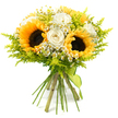 This image shows a joyful, sun-drenched bouquet presented against a clean white background, where every stem and petal is clearly defined. At its heart, bold sunflowers open widely, their large, deep brown centres ringed by radiant golden-yellow petals that give the bouquet its unmistakably cheerful character. Around them, creamy white roses cluster in gentle groups, their velvety petals tightly layered in classic spirals that bring an air of elegance and softness to the design. Scattered among the larger blooms, tiny white daisy-like flowers with bright yellow centres add a carefree, meadow-like charm, as though they were freshly gathered from a wild patch near the green spaces around Tufnell Park. Airy, lime-green foliage-feathery and finely textured-threads through the arrangement, echoing the look of solidago and similar fillers, and providing a vivid, fresh backdrop that makes the yellows and whites glow even more strongly. The bouquet is shaped into a rounded, balanced form, with the greenery gently extending beyond the flower heads to frame the composition. Below, the long green stems are neatly aligned and tightly wrapped with a slim lime-green ribbon, its simple knot suggesting a hand-crafted, personal touch rather than anything overly formal. The overall feeling is one of uplifting brightness and relaxed rustic charm, ideal for bringing a burst of colour into a flat near Tufnell Park station, celebrating a summer birthday, or sending a warm thinking of you to a neighbour. The bouquet seems to hold a little pocket of sunshine, ready to be carried through the local streets and delivered to someone's door.
