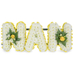 A tender, three-dimensional tribute spells the word MAM in bold capital letters, each letter lovingly formed from a dense carpet of small, pristine white chrysanthemum spray blooms that create a soft, cloud-like texture. The faces of the letters are edged all the way round with a bright, sunny yellow pleated ribbon that crisply defines each contour and lifts the composition with a warm, cheerful rim against the white florals. The first and last M are gently embellished with compact accent clusters: at each cluster a tightly furled yellow rose sits as the quiet focal point, its petals suggesting dawn light; it is surrounded by delicate white freesia or similar small white buds, slender dark-green fern fronds and glossy deep-green leaves that add freshness and sculptural contrast. A discreet dark green or black horizontal supporting bar runs behind the upper sections of the letters, connecting them for secure display while remaining visually unobtrusive. The whole arrangement sits against a clean, pure white background so the yellow, white and green palette reads with clarity and dignity. Soft studio light reveals the subtle textures - the cushiony chrysanthemum heads, the satin sheen of the pleated ribbon and the velvety rose petals - and the overall effect is one of reverent warmth, suitable for funerals, memorial services or graveside placement. As a local florist in Tufnell Park, I picture this piece standing at the front of a chapel near Junction Road or laid gently at a family grave in a green corner of Dartmouth Park, offering a simple, heartfelt message of love and remembrance in a style that feels both traditional and quietly restorative.