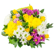 A joyful, sunlit bouquet sits against a clean white backdrop, capturing the friendly, down-to-earth spirit of Tufnell Park. At its centre are plush yellow chrysanthemums, their petals layered and soft, some wide open like little suns and others still forming round, promising buds. These bright focal flowers are joined by petite yellow spray roses, each bloom a swirl of tightly packed petals slowly relaxing into delicate, open faces that hint at a soft, sweet fragrance. Surrounding them, a ring of white daisy-like chrysanthemums with crisp petals and fresh green centres introduces lightness and clarity, evoking the calm of a bright, clear day. Interspersed among the whites and yellows are lively deep magenta and purple daisy blooms, their yellow centres echoing the warmth of the main flowers while adding playful contrast and depth. Occasional notes of pale pink or lavender nestle quietly in the mix, softening the transitions between shades and lending a tender, comforting nuance. The entire bouquet is embraced by rich, dark green foliage with a glossy surface, the leaves arching around the flowers to create a lush, rounded silhouette that feels generous but not overwhelming. The greenery brings to mind the leafy streets and pocket parks around Tufnell Park and Gospel Oak, grounding the bright colours in something familiar and natural. This arrangement would look at home on a windowsill in a local flat or on a café table near Junction Road, a cheerful choice for birthdays, thank-you gestures, or simple moments when you want to send a message of I'm thinking of you across North London.