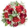 Viewed straight down from above, the bouquet appears as a rich, rounded cluster of red blooms, filling the centre of the frame and hovering over a pristine white background that makes every petal and leaf stand out in sharp relief. Deep red roses are scattered thoughtfully through the arrangement, their velvety petals tightly wound towards dark cores, lending an air of intensity and classic romance. Nested closely among them, red carnations expand in frilled, many-layered petals, some still partially closed and others fully open, combining to create a sense of fullness and textured depth that feels almost tactile. Interlaced with the reds, fine sprays of white baby's breath run like a delicate thread, each tiny blossom forming part of a soft, cloud-like canopy that lightens the bouquet and adds gentle visual breathing space. Around the edges and tucked between flower heads, silvery-grey eucalyptus leaves with smooth, rounded shapes mix with darker green foliage, providing a cool, natural contrast and framing the reds with a whisper of woodland calm. The photograph is brightly lit, giving the impression that the bouquet has just been finished on a polished work surface in a Tufnell Park studio, ready for local delivery to a flat near Tufnell Park station or a cosy café along Fortess Road. Emotionally, the image suggests a bold yet tender gesture: a romantic gift, an anniversary surprise, or a heartfelt thank-you that feels both traditional and deeply personal. The arrangement showcases the florist's skill in balancing colour, texture, and proportion, creating a bouquet that radiates warmth, love, and thoughtful intention.