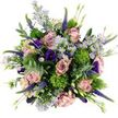 Photographed from above, this hand-tied bouquet appears as a full, rounded burst of colour suspended on a clean white background, every flower clearly visible and harmoniously placed. Generous roses in soft blush, dusty pink, and muted mauve dominate the scene, their layered petals spiralling outward in lush, romantic swirls. Nestled lightly among these larger blooms, petite lavender and lilac asters cluster together, each delicate daisy-like flower centred with a bright yellow eye that adds a lively, uplifting note. Deeper jewel tones emerge through velvety lisianthus flowers in indigo and rich purple, their softly ruffled, bell-shaped petals adding both drama and elegance. Tall, slender spikes of purple Veronica punctuate the arrangement here and there, introducing a graceful vertical element that keeps the design feeling airy rather than heavy. Throughout the bouquet, compact, spherical tufts of bright chartreuse green trick dianthus create a playful, contemporary contrast, resembling tiny moss cushions hidden in a city garden off Lady Somerset Road. Eucalyptus leaves in a cool, silvery green thread around the blooms, their rounded shapes softening the edges and hinting at a crisp, herbal fragrance. Deeper green foliage and small budding stems peek through, enhancing the impression of freshness and abundance. The mood is one of serene joy and modern romance, well suited to an intimate celebration at home, a thoughtful get-well gesture delivered across Tufnell Park, or a stylish centrepiece for a weekend brunch. Crafted with care by local florists familiar with the area's relaxed, creative spirit, this bouquet feels both polished and naturally heartfelt.