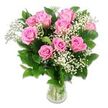 A fresh, full bouquet of pink roses and white baby's breath stands in a clear glass vase, isolated against a pure white background that makes its gentle colours and textures stand out clearly. The roses, around a dozen in number, are closely grouped into a soft, rounded shape at the top of the vase. Their petals swirl outward in layered spirals, some blooms more open and showy, others slightly cupped as if just beginning to unfurl. The pink hues range from light, baby-soft tones to slightly deeper rose shades at the centre of a few key flowers, lending the arrangement a subtle sense of depth and richness. Between the roses, delicate stems of baby's breath introduce fine, cloud-like clusters of tiny white blossoms, softening the overall silhouette and evoking feelings of innocence and new beginnings-perfect for baby-themed gifts. Deep green leaves surround and support the blooms, their smooth, lightly glossy surfaces providing a strong visual counterpoint to the pale pinks and whites. In the vase below, the green stems cross and fan through clear water, reinforcing the impression of fresh preparation. Even, bright lighting illuminates the bouquet from above and slightly to the front, enhancing the soft textures of petals and foliage while preventing strong shadows, so the image feels airy and serene. The arrangement carries an understated elegance and a warm, nurturing mood, ideal for gifting to new parents in Tufnell Park, setting on a bedside table in a local family home, or decorating a small celebration that honours the arrival of a new baby in this friendly North London community.