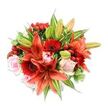 Seen from a slightly elevated angle against a crisp white studio backdrop, this lush, rounded bouquet reads like a warm afternoon in Tufnell Park - bright, confident and lovingly gathered. At its center several large Asiatic lilies unfurl in a fiery orange-red, their recurved petals flecked with dark speckles and punctuated by prominent stamens that lend a sculptural, almost tactile quality to the composition. Scattered among the lilies are deep crimson Gerbera daisies, their radiating petals and darkened centers creating a bold, textured contrast to the lilies' smooth planes. Soft blush-pink roses, from tight cottage-like buds to gently opened cups, thread through the arrangement and soften the overall palette with a romantic blush. Shiny clusters of small red hypericum berries tuck into hollows between blooms, catching the light like tiny garnets and adding a cheerful, festive punctuation. A generous mix of foliage - broad, glossy green leaves and lighter variegated sprigs with pale streaking - fills and frames the bouquet, giving it depth and a living, landscaped feel. The mix of papery lily petals, velvety rose layers and the waxy gloss of berries suggests a bouquet that would smell subtly sweet with a faint spicy edge, a scent that might carry across to a nearby café on Fortess Road or past the green spaces off Dartmouth Park Hill. Crafted with evident care, this arrangement evokes celebration and warmth - ideal for birthdays, anniversaries or to brighten a home in and around Tufnell Park - while the pristine background keeps attention on the flowers' rich, harmonious colours and textures.