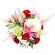 A sumptuous mixed bouquet dominates this image, photographed from above against a spotless white background that makes its colours radiate with particular intensity. Deep red roses form a passionate core, their velvety petals folding inward in tight, elegant spirals that speak of romance and heartfelt emotion. Surrounding them, pink stargazer lilies stretch open into bold, star-shaped blooms, each one patterned with darker speckles and crowned by striking stamens, while a few buds remain closed, promising new blossoms over time. Around these focal flowers, generous clusters of creamy white hydrangeas, or similarly textured ruffled blooms, expand the arrangement into a full, domed shape reminiscent of soft clouds. Adding a zesty, modern twist, lime-green Green Trick dianthus or pom-pom chrysanthemums appear as dense, mossy spheres tucked between the larger blooms, their unusual texture inviting closer appreciation. Delicate sprays of pale pink astilbe float outward from the central mass, their fine, feathery plumes introducing movement and an almost dreamlike softness, as though gently stirred by a breeze drifting up from Tufnell Park's tree-lined streets. Tiny accents of lavender and fuchsia filler flowers dot the spaces between, providing small bursts of complementary colour and detail. Framing the entire bouquet is a rich collar of greenery, from broad, glossy rose leaves to finer, fern-like fronds that add depth and a natural, garden-fresh feel. The composition suggests the careful hand of a local Tufnell Park florist, perhaps preparing a special delivery for an anniversary celebration off Junction Road or a joyful congratulations bouquet for a new home near Tufnell Park underground, radiating warmth, celebration, and refined elegance.
