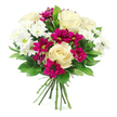 Set against a pristine white background, this hand-tied bouquet stands out with a poised, almost portrait-like presence, as if displayed in a calm Tufnell Park studio. At the centre, several creamy white roses are fully in bloom, their petals unfurling in tight, sculpted spirals that create a sense of soft depth and timeless elegance. Nestled closely around them, white spray chrysanthemums form compact, daisy-like clusters, each blossom composed of numerous slim petals circling a light green centre, bringing a fresh, airy brightness to the design. Threaded throughout the arrangement, deep magenta to fuchsia spray chrysanthemums introduce a bold ribbon of colour; their velvety, slightly ruffled petals form dense cushions that instantly catch the eye, evoking joy and lively conversation over coffee near Fortess Road. Supporting the blooms is an abundance of dark green foliage, likely Ruscus or Salal, with smooth, glossy leaves that wrap around the flowers like a protective frame, adding contrast and a hint of woodland richness. The stems are neatly trimmed, gathered in a rounded dome, and securely tied at the base, showcasing the practiced technique of a local florist used to crafting gifts for homes and studios across Tufnell Park. Bright, even lighting bathes the arrangement, highlighting subtle shadows between petals and leaves while keeping the colours true: whites remain creamy and clean, greens deep, and magentas lush and saturated. The overall feeling is one of cheerful sophistication and heartfelt care, making this bouquet perfect for birthdays, anniversaries, or spontaneous gestures of appreciation delivered around Tufnell Park and the surrounding streets.