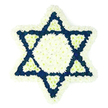 A large, solemn Star of David floral tribute fills the frame, its clear six-pointed outline standing out against a plain white background. The entire Magen David is constructed from small, tightly clustered blooms, predominantly white with strong accents of deep navy or indigo blue. Around the outer edges of the star, a thick band of white chrysanthemum-like flowers creates a soft, almost pillow-like border, carefully following each straight edge and pointed tip. Inside this snowy outline sits a broad white hexagon, also built from densely packed petals, forming a calm, luminous centre that draws the gaze. Extending outward from this heart, each of the six arms of the star is composed of dark blue flowers arranged so closely they resemble a rich, textured fabric, giving the piece a sense of gravitas. At the inner base of every blue triangle, a smaller white triangle has been delicately inset, mirroring the central hexagon and adding a layered, geometric elegance that feels both contemporary and traditionally respectful. The contrast between the cool white and the deep blue naturally recalls Jewish ceremonial colours, underscoring the spiritual significance of the Star of David motif. This arrangement conveys a mood of quiet honour and remembrance, well suited for a Jewish funeral service, memorial, or shiva gathering. In Tufnell Park, one might imagine it resting near a lectern in a chapel on Junction Road or at the front of a family home during a time of mourning, delivered by local florists who regularly create thoughtful tributes for the area's diverse, closely knit community.