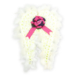 A beautifully detailed angel-wing arrangement spreads across a pure white background, appearing almost suspended in air, like a silent guardian watching over a loved one's memory. Each wing is sculpted from masses of tiny, snow-white flowers-most likely chrysanthemums or spray carnations-placed so closely together that they create a thick, plush carpet of petals. The intricate layering gives a soft, quilted effect, while fine white feathers along the outer contours lend a light, ethereal touch, their wispy edges echoing real feathers gently ruffled by a breeze. At the centre, where the wings come together, lies a compact round cluster of deep violet or dark purple flowers or foliage, forming a rich, shadowy base that draws the eye inward. On top of this darker cushion, a bright fuchsia pink satin bow is neatly tied, its loops generous and its trailing ribbons falling in smooth satin lines. Tucked right into the heart of the bow sits a single pale pink rosebud, its petals closed in a quiet, tender gesture of affection and remembrance. The entire design feels contemplative and calm, evoking the kind of stillness found in the quieter streets around Tufnell Park station or near local chapels where families gather to say goodbye. Although the background is simple and uncluttered, the concentration of white, pink, and purple within the wings creates a powerful focal tribute, perfectly suited for funeral services, graveside farewells, or sympathy deliveries to homes, expressing purity, guardianship, and an enduring promise of love.