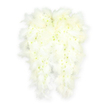 This photograph captures a pair of angel wings fashioned entirely from white flowers and airy feathers, a refined sympathy tribute that speaks in soft, comforting tones. The wings are shaped with great precision, each side mirroring the other, and are edged with a border of plush white feathers that curl and taper like gentle brushstrokes, reminiscent of quiet clouds above the houses near Tufnell Park and Archway. Inside this border, a dense layer of tiny white chrysanthemums and similar clustered blooms forms the inner surface of the wings, the petals overlapping closely so that they resemble a quilt of fresh, cool snow. At the centres of some blossoms, there is a barely-there touch of pale green and creamy yellow, subtle enough not to break the purity of the white, yet enough to add a sense of living depth. The wings rest against a spotless white backdrop, their form picked out by a soft, natural shadow that gives them volume and the illusion of rising softly from the surface. The design feels calm, reverent, and protective, suitable for a funeral service in a local church or a memorial gathering in a Tufnell Park home. Imagined through touch, the arrangement would feel both feathery and petal-smooth, cool and reassuring. Created as a final tribute, these angel wings convey messages of peace, hope, and the enduring presence of a loved one, capturing the emotional weight of goodbye with understated, graceful beauty.