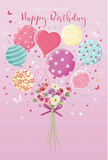 A whimsical birthday illustration shows a light, airy celebration suspended on a soft pink backdrop, the kind of card you might tuck alongside a flower delivery to a home near Tufnell Park station. At the heart of the artwork, a bundle of pastel balloons floats upward, each one unique yet harmonious. Some balloons are wrapped in candy-coloured stripes of pink, lemon, and aqua; others are dotted with playful polka spots, while one stands out with a heart-shaped silhouette that gently radiates warmth and affection. Their glossy surfaces catch the light, giving a realistic sense of shine and curvature, as if you could almost hear the faint rustle of their ribbons. Below this colourful cluster rests a charming bouquet of birthday flowers. Creamy ivory blooms mingle with blush roses and mauve, anemone-like flowers, their finely layered petals appearing soft and feathery, like blossoms freshly arranged by a Tufnell Park florist. The stems are neatly gathered and tied with a violet satin bow, the loops and tails curling elegantly, echoing the curves of the balloon strings. Tiny star-like accents and butterfly silhouettes drift around the composition, adding a sprinkle of fairy-tale magic, reminiscent of spotting butterflies in nearby Tufnell Park's green corners. The lighting is gentle but bright enough to highlight each petal and balloon contour, creating an atmosphere that feels like a spring morning-fresh, hopeful, and full of promise. The overall mood is one of light-hearted festivity, a perfect birthday greeting that combines cheerful balloons with the timeless charm of delicate flowers.