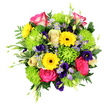 A vibrant mixed bouquet fills the frame against a spotless white background, allowing every stem and petal to command attention as if displayed on the counter of a Tufnell Park florist moments before delivery. The composition is tightly gathered, creating a generous dome of colour. Dominating the centre are hot pink roses edged delicately with white, their velvety petals spiralling open in layered whorls that suggest fullness and romance. Clustered around them, yellow gerbera daisies with rich, dark brown centres beam outwards like miniature suns, their precise, even petals giving a sense of cheerful order. Interwoven among these bold forms, lime green button chrysanthemums offer playful, rounded mounds of texture, their bright tone adding a fresh, zesty feel reminiscent of a spring morning walk past Tufnell Park's townhouses and garden squares. Adding depth and a cooler note, small lavender-blue aster-style flowers and deeper purple, bell-shaped lisianthus-like blooms slip between the larger heads, creating pockets of shadow and visual rest that keep the bouquet from feeling too bright or flat. A lush array of foliage frames the arrangement: from glossy, broad leaves to finely cut, fern-like sprigs and a scattering of variegated leaves edged in white, the greens weave through and around the blooms to anchor them and enhance their colours. Delicate green buds and young shoots stretch a little beyond the main outline, lending a sense of movement and natural growth, as if the bouquet has just been gathered from a local garden. The lighting is clear and even, intensifying the vivid pinks, yellows, greens, and purples while casting soft, minimal shadows. The overall impression is one of joy and celebration, ideal for birthdays, congratulations, or simply brightening a home in nearby Archway or Kentish Town with a burst of expertly arranged, garden-fresh colour.