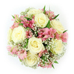 Viewed from above against a clear white background, this bouquet appears as a perfectly rounded cluster of soft, romantic blooms carefully tucked together. The dominant flowers are large roses in creamy white and pale ivory, each one fully open so that their petals spiral outward in generous, velvety whorls. They sit closely side by side, creating a plush, cushion-like center that suggests both luxury and tenderness. Woven among these roses are clusters of pink alstroemeria, their slender petals tinted in fresh blush and rose-pink, with fine darker streaks and subtle touches of peach at the throat of each floret. These patterned lilies lend an airy, contemporary flair and prevent the design from feeling too formal. Surrounding and softening the larger flowers, baby's breath spreads like a delicate mist, its tiny, snow-white blossoms on thin, branching stems filling every gap and giving the sense of a light, floral cloud. Here and there, deep green leaves peek out from beneath the blossoms, offering contrast and emphasising the natural freshness of the bouquet. The overall structure is tight and symmetrical, an expertly hand-tied dome that could easily be imagined in the hands of someone stepping off a bus by Tufnell Park station on the way to surprise a loved one. The palette of pure white, creamy ivory, and pastel pink feels gentle, calm, and romantic, suitable for weddings, birthdays, anniversaries, or any heartfelt occasion where a refined yet approachable floral gift is delivered to homes and venues throughout Tufnell Park.