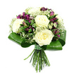 A hand-tied bouquet, carefully positioned against a stark white background, radiates an understated elegance that feels both classic and contemporary. At its core, several large white roses are in full bloom, their petals unfolding in luxuriant, creamy spirals that catch the light and lend the arrangement a gentle glow. Woven between these central roses are deep purple alstroemeria, their elongated petals and subtle speckles introducing a rich, jewel-like contrast that enhances the softness of the surrounding white. Fine clouds of baby's breath drift throughout, each tiny blossom sitting on slender stems that add volume without weight, giving the bouquet a dreamy, almost ethereal halo. Small spiked filler flowers in fresh green and soft white tones, reminiscent of Astrantia or thistle-like blooms, appear at intervals, contributing a touch of rustic refinement and an extra layer of visual interest. Encircling the entire crown of flowers is a wide, polished collar of dark green leaves, meticulously shaped and wrapped to create a sleek, rounded frame that underlines the bouquet's modern styling. Beneath this leafy band, the straight green stems are trimmed to a uniform length and bound firmly with a green ribbon, echoing the foliage and underscoring the florist's precision. The overall impression is one of quiet, heartfelt sophistication-an arrangement that could easily be imagined arriving as a same-day delivery to a period house near Tufnell Park station, a cosy flat along Fortress Road, or a serene workspace off Brecknock Road, offering comfort, congratulations, or gratitude with a refined, local touch.