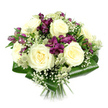 A refined floral bouquet is captured in sharp focus against a pure white backdrop, its compact, rounded form showcasing a carefully chosen harmony of tones and textures. At the heart of the design, multiple creamy white roses open fully, their petals curling outward in soft, concentric spirals that suggest calm, enduring affection. Threaded through and around these central roses are lush stems of deep purple and magenta alstroemeria, each bloom with graceful, trumpet-like petals that introduce drama and contrast without overwhelming the gentle cream. Fine sprays of white baby's breath punctuate the arrangement with hundreds of tiny blossoms, creating a light, misty veil that blurs the boundaries between flower types and lends the piece an almost ethereal glow. Among them, green-white astrantia emerge in understated clusters, their finely detailed, star-shaped heads offering a more natural, slightly wild accent that feels as though it could have come from a shaded garden near Tufnell Park's residential streets. The whole bouquet is held neatly within a smooth collar of broad dark green aspidistra leaves, their glossy surfaces folded and curved to form a structured base that grounds the softness above. Cleanly cut stems extend just below, cinched together to show the hand-tied craftsmanship you would expect from a dedicated local florist serving the Tufnell Park area. The lighting is bright yet gentle, emphasising freshness and clarity, and the mood of the bouquet leans towards quiet elegance-equally fitting for sending comfort, marking an anniversary dinner at home, or offering a graceful thank-you to someone nearby.