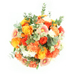 Against a pure white background and viewed directly from above, this bouquet forms a lush, rounded canopy of flowers that feels both abundant and carefully composed, as though a slice of golden afternoon has been gathered into your hands. The main impression is one of warm, glowing colour, with clusters of roses in deep gold, sunny yellow, and vivid tangerine drawing the eye first. Their tightly layered petals form spirals of velvety texture, each bloom slightly different in shade, creating natural variation like sunlight filtering through trees in Tufnell Park. Wrapped closely around them are generous carnations ranging from soft peach to strong orange, their ruffled edges adding a billowy, almost cloud-like softness that contrasts beautifully with the smooth rose petals. Gerbera daisies, with their neat circles of flat petals and textured centres, introduce a playful rhythm in shades of pastel peach and light orange, some showing gentle pink touches that lend extra warmth and charm. Scattered throughout are delicate clusters of tiny white and pale green filler flowers, adding fine, intricate detail and a sense of lightness, as if tiny wildflowers had wandered in from a nearby garden. A halo of foliage encircles the blooms, with silvery-green eucalyptus leaves and fresh green accents weaving between the flowers, grounding the composition and bringing to mind their cool, aromatic scent. The bright, even lighting ensures every tone stands out crisply against the white, making the oranges and yellows appear especially vivid. Crafted with the care of a local florist familiar with Tufnell Park's relaxed, creative feel, this arrangement radiates joy, gratitude, and the promise of happy gatherings around homes and cafés near Fortess Road and Brecknock Road.