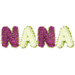 A comforting handcrafted display spells out NANA in soft, three-dimensional letters against a clean white background, each character appearing as if lovingly sewn from plush textile rather than blooms. The first N is a rich plum-purple or deep magenta, its chunky, knitted texture suggesting thick yarn loops or puffy felt, the surface inviting to the touch and conjuring the warm familiarity of a grandmother's embrace. The following A is a gentle, creamy ivory with a whisper of pale daffodil yellow at its core; its quilted, slightly tufted finish catches soft light and creates tender highlights and shadow that emphasise the rounded, cushioned shapes. This alternating cadence-purple N, cream A, purple N, cream A-repeats across the arrangement, giving a rhythmic, homely feel as though someone stitched each letter while chatting at a kitchen table on a quiet Tufnell Park morning. Each letter is finished with a narrow lime-green trim, a neat piping or ribbon edge that frames the soft fabric and adds a fresh, garden-like counterpoint to the cosy textiles. Though crafted from materials rather than flowers, the piece reads as a homage to nurturing and memory-a decorative nameplate suitable for a nursery, a warm gift for a grandmother, or a personalised memento at a small family gathering in Dartmouth Park or by Junction Road. Lighting in the photo is neutral and even, allowing the tactile surfaces and subtle colour contrasts to come forward. As a local maker or florist describing this, I'd tell a customer that the design balances craft and affection, perfect for giving a tactile, long-lasting reminder of love in homes across Tufnell Park and nearby Belsize Park.