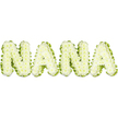 A dignified, three-dimensional floral tribute spells out the name NANA in crisp, capital letters, photographed against a clean white background. Each letter is hand-built from hundreds of small, pristine white button chrysanthemums, the tiny rounded heads packed closely together until the surface reads as a soft, cloudlike plane; up close you can imagine the papery petal edges and the faint, green-tinged centers that give the blooms depth. A narrow, vivid green border-assembled from fresh foliage or finely pleated ribbon-like greenery-traces every contour of each character, its clean line catching the light and sharpening the white shapes against the backdrop. The arrangement sits in bright, even studio light that reveals subtle shadows between the clusters, showing the letters as sculptural forms with gentle relief. The scent is a whisper of fresh chrysanthemums rather than overpowering perfume, adding a quiet, natural comfort to the visual serenity. This piece reads as a respectful memorial, the white suggesting purity and peace while the green edging hints at renewal and the living memory of a beloved grandmother. The craftsmanship is precise: stems wired and padded beneath the surface, blooms trimmed for uniform height, and the border tucked neatly to maintain readable type at a distance. Locals in Tufnell Park might recognise the understated style used for services at nearby chapels or for tributes left near Dartmouth Park; it is a considered choice for those seeking a calm, heartfelt expression of loss and enduring affection, appropriate for viewing at a visitation or graveside service.