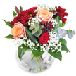This bouquet is a lavish symphony of colour and texture-a true celebration of Tufnell Park's distinctive character as crafted by seasoned local florists. Peach-apricot roses take centre stage, their soft, creamy petals opening in elegant whorls, glowing warmly in the gentle light that filters across the white background. Close by, velvety red roses and plush burgundy chrysanthemums add drama and romance, their hues reminiscent of the rich tones found in Tufnell Park's hidden gardens. Wisps of white gypsophila meander throughout the arrangement, their airy, delicate blossoms creating a dreamy contrast against deep foliage. Silver-green eucalyptus branches peek between blooms, releasing a subtle herbal scent that conjures strolls along Tufnell Park Road on a fresh morning. Unique plum-coloured succulent foliage introduces a touch of contemporary intrigue, reinforcing the arrangement's textural complexity. Resting in a charmingly round glass vase, the composition allows each trimmed green stem to crisscross beneath the waterline, enhancing the display's freshness and natural flow. Perfect for expressing gratitude, celebrating a special birthday, or simply infusing a home with artistry, this bouquet thoughtfully encapsulates the welcoming, creative energy of the Tufnell Park community-all through the language of expertly arranged flowers.